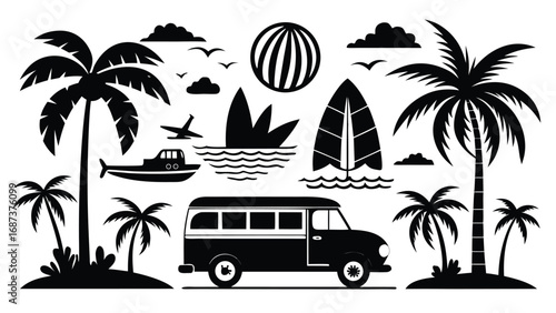 Various silhouettes of beach and surf items, featuring surfboards, beach towels, and sun hats on a neutral backdrop..eps