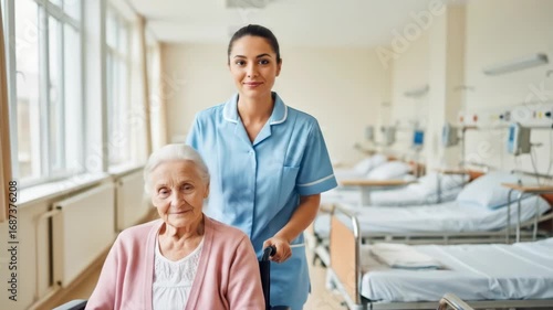 Caring nurse assists elderly woman in wheelchair through bright hospital corridor