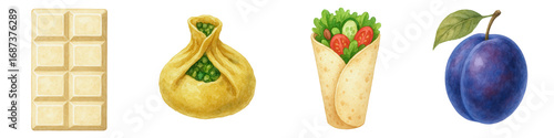 White chocolate bar vegan wrap with fresh vegetable and fruit plum world day watercolor