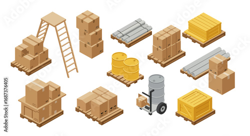 Isometric warehouse items with pallets, boxes, and drums for logistics and storage