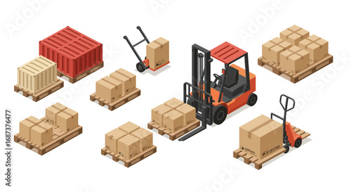 Isometric warehouse logistics with forklift and pallets in modern flat design