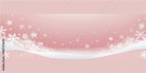 Falling snow flakes banner. White and Light Pink snowflakes flying in the air. Snow flakes, snow background. Winter snowfall illustration (2)