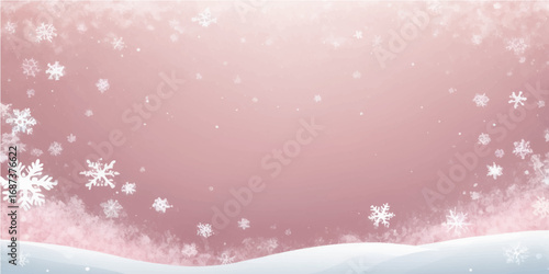 Falling snow flakes banner. White and Light Pink snowflakes flying in the air. Snow flakes, snow background. Winter snowfall illustration (1)