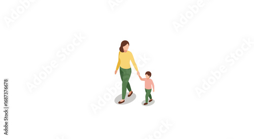 Isometric mother and child walking together on white background