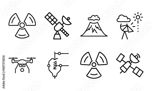 Collection of Science and Technology Icons – Drone, Circuit Board, Radiation Hazard Symbol, Telescope, Satellite Dish, Volcano Eruption, and Weather Station Outline Illustrations on White Background