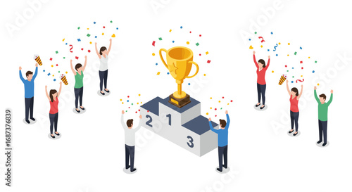 Celebration of achievement with people and trophy on podium in isometric style