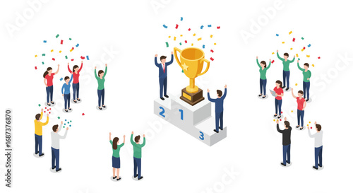 Isometric celebration with trophy on podium and diverse team cheering