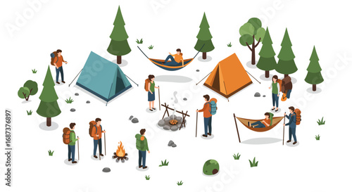Isometric camping scene with tents and campers in forest setting