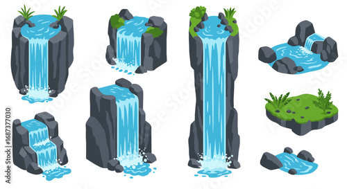 Collection of isometric waterfalls with rocks and plants on white background