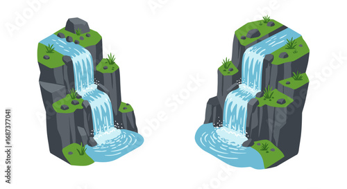 Isometric waterfall in nature: stylized cascading water and rocks