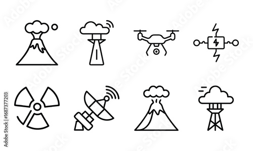 Collection of Science and Technology Icons – Drone, Circuit Board, Radiation Hazard Symbol, Telescope, Satellite Dish, Volcano Eruption, and Weather Station Outline Illustrations on White Background