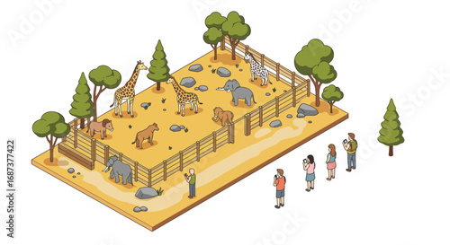 Isometric zoo scene with visitors and animals in enclosure