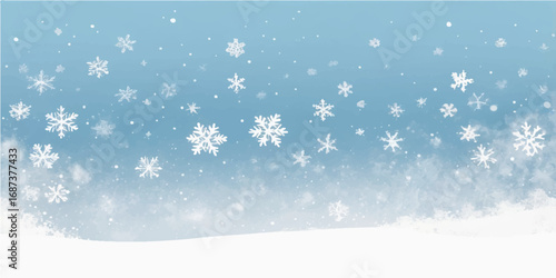 Abstract holiday celebration background with blue snowflakes and light snowfall