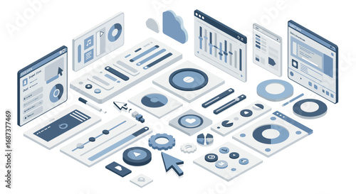 Modern isometric ui design featuring interactive elements and data visualization