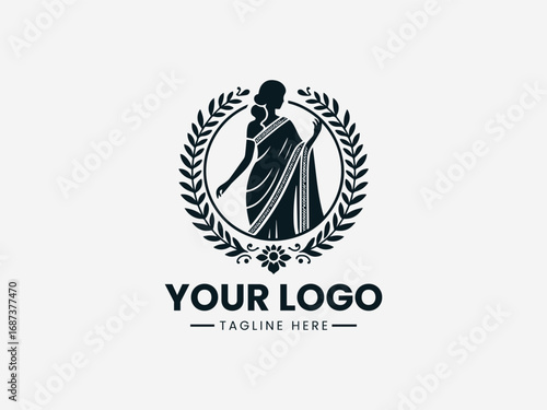 Elegant woman in saree silhouette with ornamental floral circular frame illustration