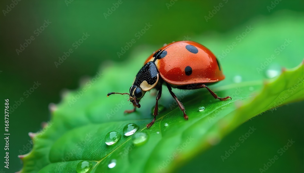 Naklejka premium Close up of a ladybug with black spots on its red shell sitting on a green leaf with water droplets