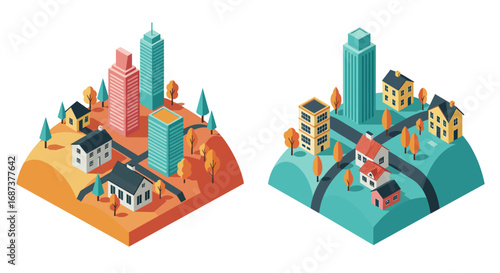 Colorful isometric cityscape with trees and buildings
