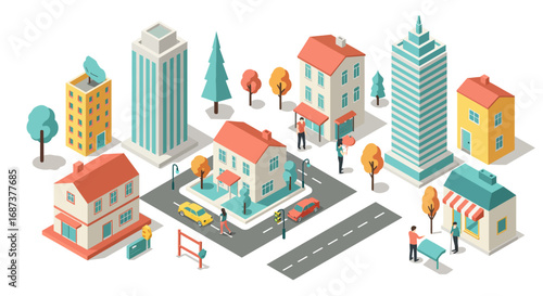 Isometric urban neighborhood with modern buildings and streets
