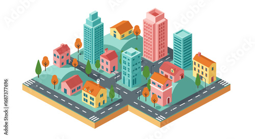 Colorful isometric cityscape with buildings and streets