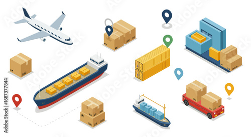 Isometric logistics and shipping elements: planes, ships, trucks, boxes, and map pins