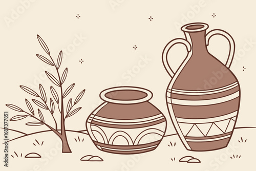 Vector art of minimalist beige background with brown pottery and plant illustration, creating a serene and rustic scene for artistic and decorative applications