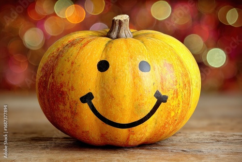 A happy pumpkin featuring a smiley face surrounded by colorful lights, perfect for Halloween festivities