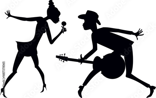 Art silhouette of guitarist man and singer woman. 
Couple musicians. Man plays guitar and singer woman sings to microphone. Black on white background
