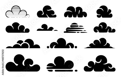 Collection of Stylized Black Cloud Icons on White Background