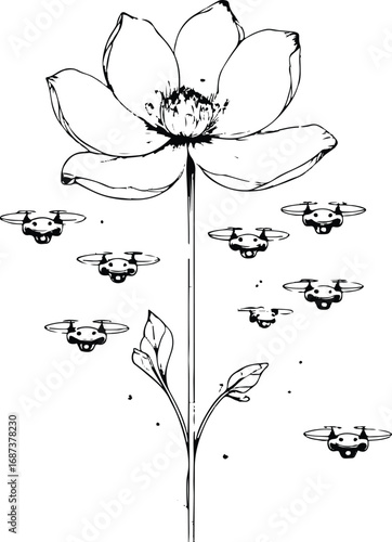Minimal black and white line art of a blooming flower releasing tiny drones, surreal doodle clean vector illustration 1