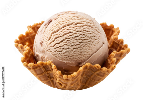Light brown ice cream sphere sits nestled within a decorative waffle cone, against a pure black background.