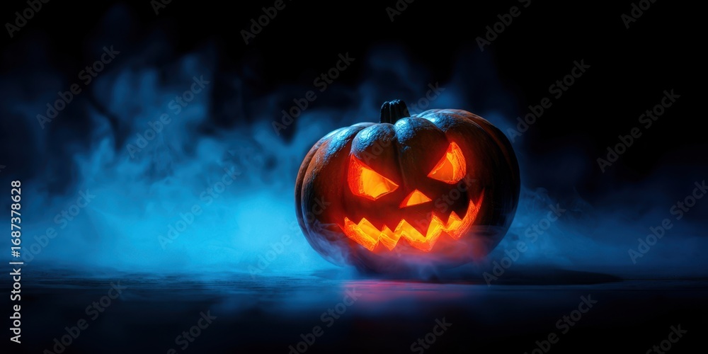 Naklejka premium The glowing Halloween pumpkin surrounded by mysterious blue fog at night.