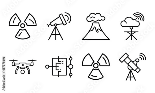 Collection of Science and Technology Icons – Drone, Circuit Board, Radiation Hazard Symbol, Telescope, Satellite Dish, Volcano Eruption, and Weather Station Outline Illustrations on White Background