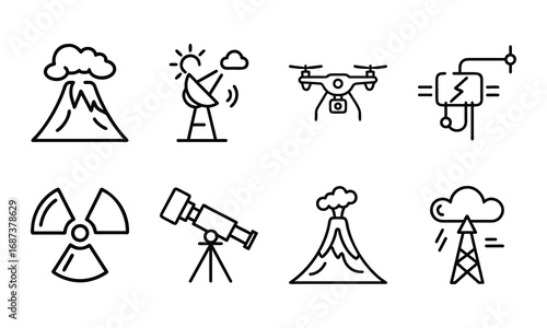 Collection of Science and Technology Icons – Drone, Circuit Board, Radiation Hazard Symbol, Telescope, Satellite Dish, Volcano Eruption, and Weather Station Outline Illustrations on White Background