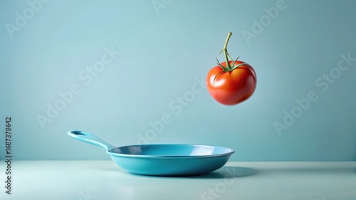 A single ripe red tomato hovers above a light blue frying pan on a pastel background, a culinary still life