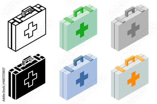 First aid kit illustration with cross in the middle. Medical kit case with different variations as outline, filled, gray, blue, green, orange colors.