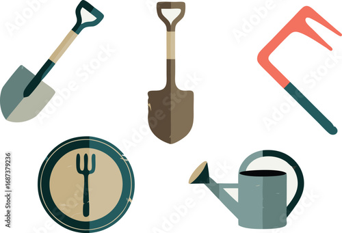 Illustration of Shovels, Garden Fork, Rake, Trowel, and Watering Can on White Background