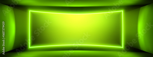 Green LED panel wall with RGB pixel pattern and LCD screen texture. Digital grid effect or video gradient glow for entertainment background. Abstract electronic light border for technology layouts.