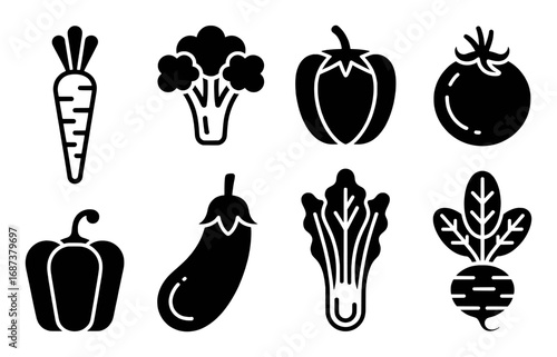 Set of 8 Black and White Vegetable Icons: Carrot, Broccoli, Bell Pepper, Tomato, Eggplant, Lettuce, and Beet