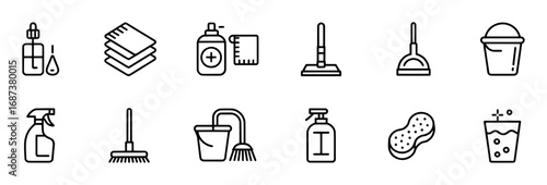 Set of Line Icons Representing Cleaning Supplies and Tools