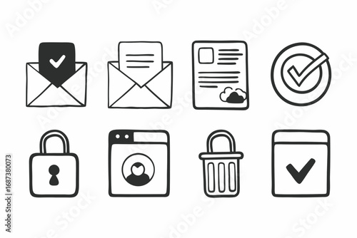 Collection of hand drawn icons representing email security documents and online services