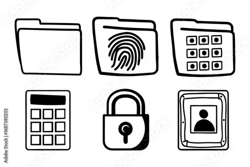 Collection of hand drawn icons representing security data access and identification concepts