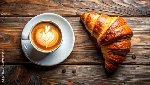A Delicious Morning Coffee Break with a Freshly Baked Croissant on a Rustic Wooden Surface