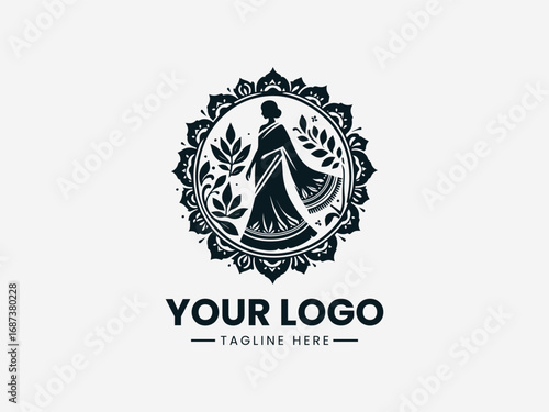 Elegant woman in saree silhouette with ornamental floral circular frame illustration