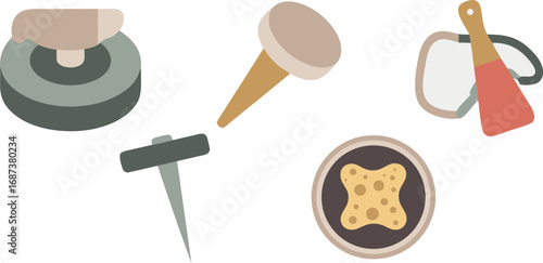 Illustration Showing Cartoon Hammer, Tack, Fastener, Carabiner, and Sponge, Minimalist Design Style