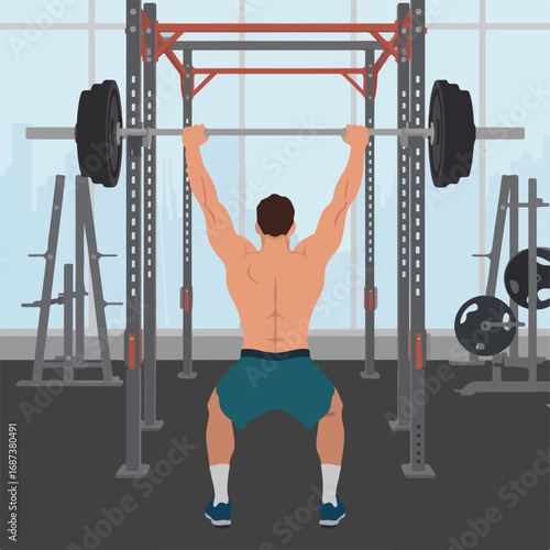 Man lifting barbell in gym, back view, doing overhead press exercise