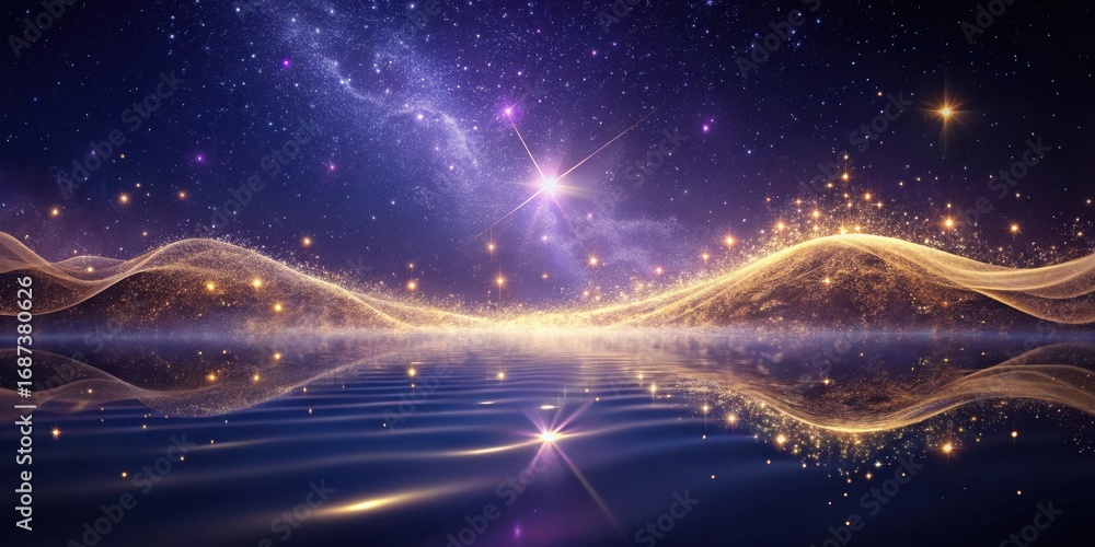 Obraz premium Celestial Golden Dust Waves Reflecting on Dark Water Under a Starry Night Sky