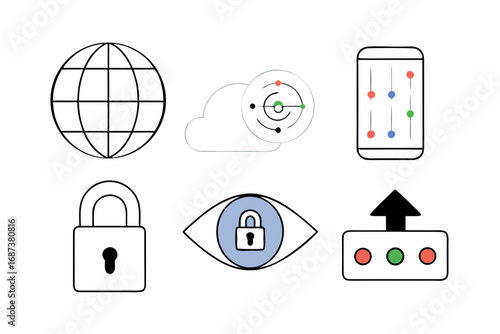 Collection of modern flat icons representing technology security and data protection concepts