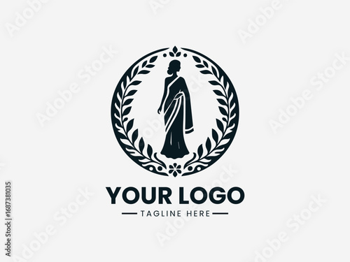 Elegant woman in saree silhouette with ornamental floral circular frame illustration