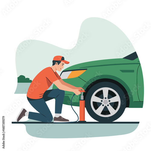 Man inflating car tire with air pump