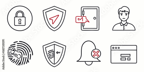 Collection of security and privacy icons representing protection access and notifications